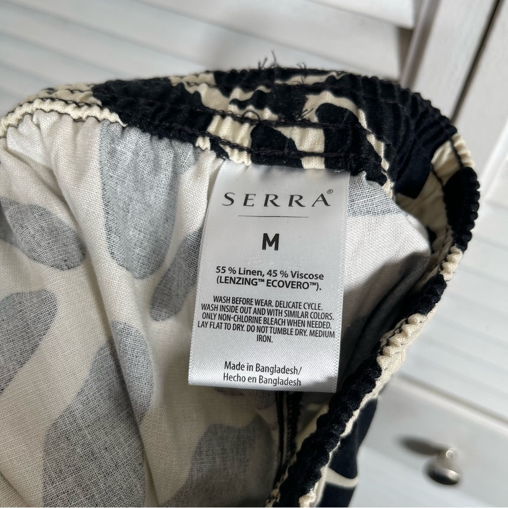 Serra Linen Pants M Wide Leg Black Beige Abstract Print Summer Resort Wear - Picture 9 of 11